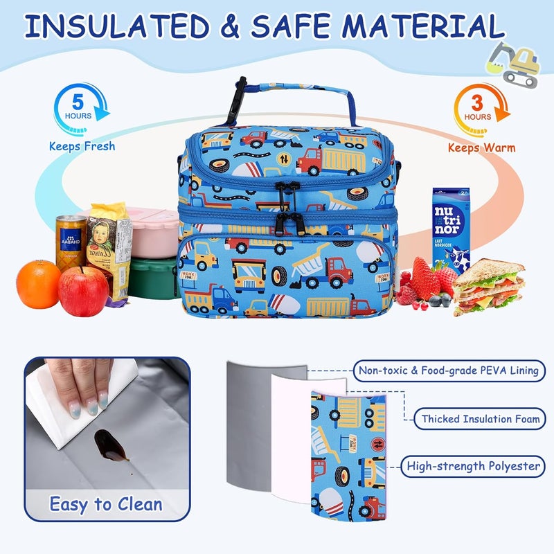 Kasqo Lunch Bag Kids, Dual Compartment Insulated Cooler Bag 7.5L Girls Boys Toddler Lunch Box Containers for Daycare School Kindergarten Travel Blue Car - Image 4